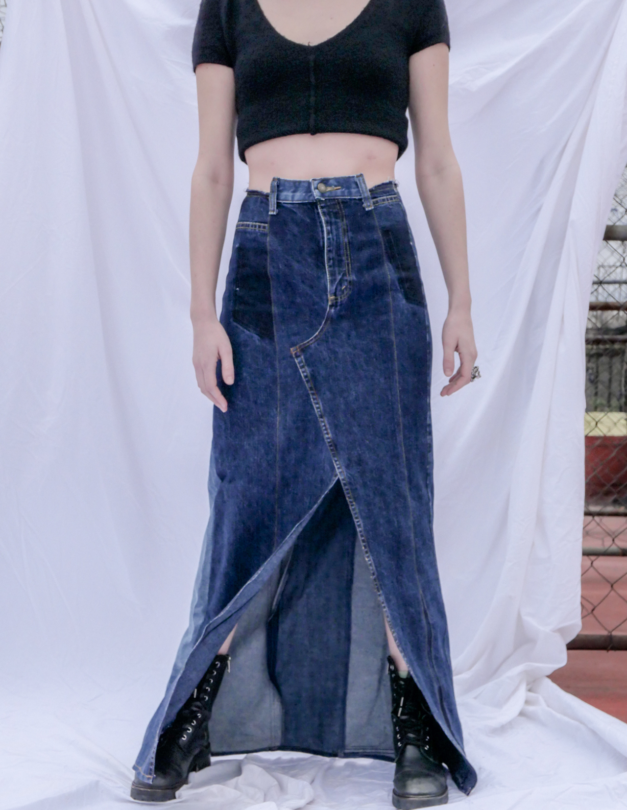 Up-cycled Cut Out Long Denim Skirt